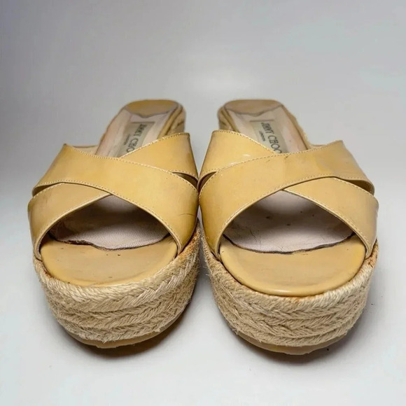 Jimmy Choo Womens Size 39 Criss Cross Patent Leather Wedge Espadrilles Sandal - Picture 2 of 14